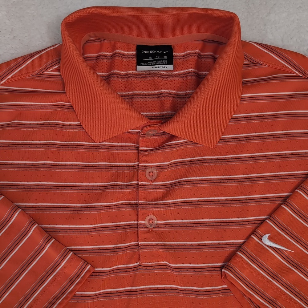 Nike Golf Mens XL Polo Shirt Orange White Striped FitDry Short Sleeves